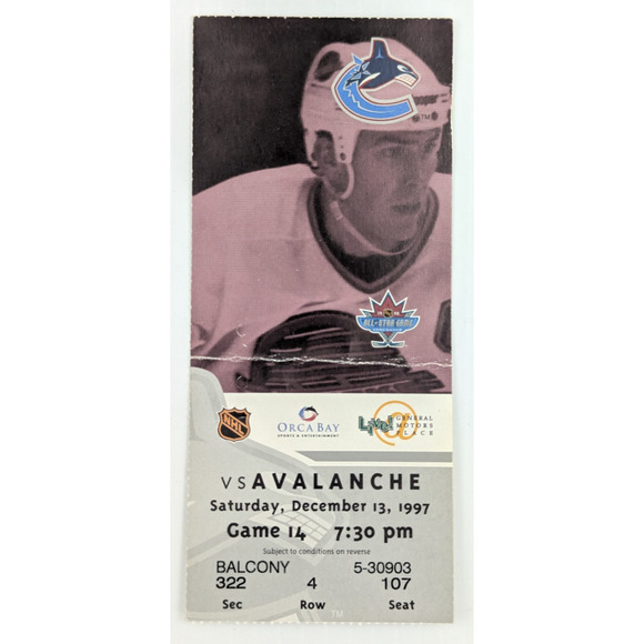 1997 Vancouver Canucks vs Colorado Avalanche NHL Game 14 Ticket Stub - Picture 1 of 5